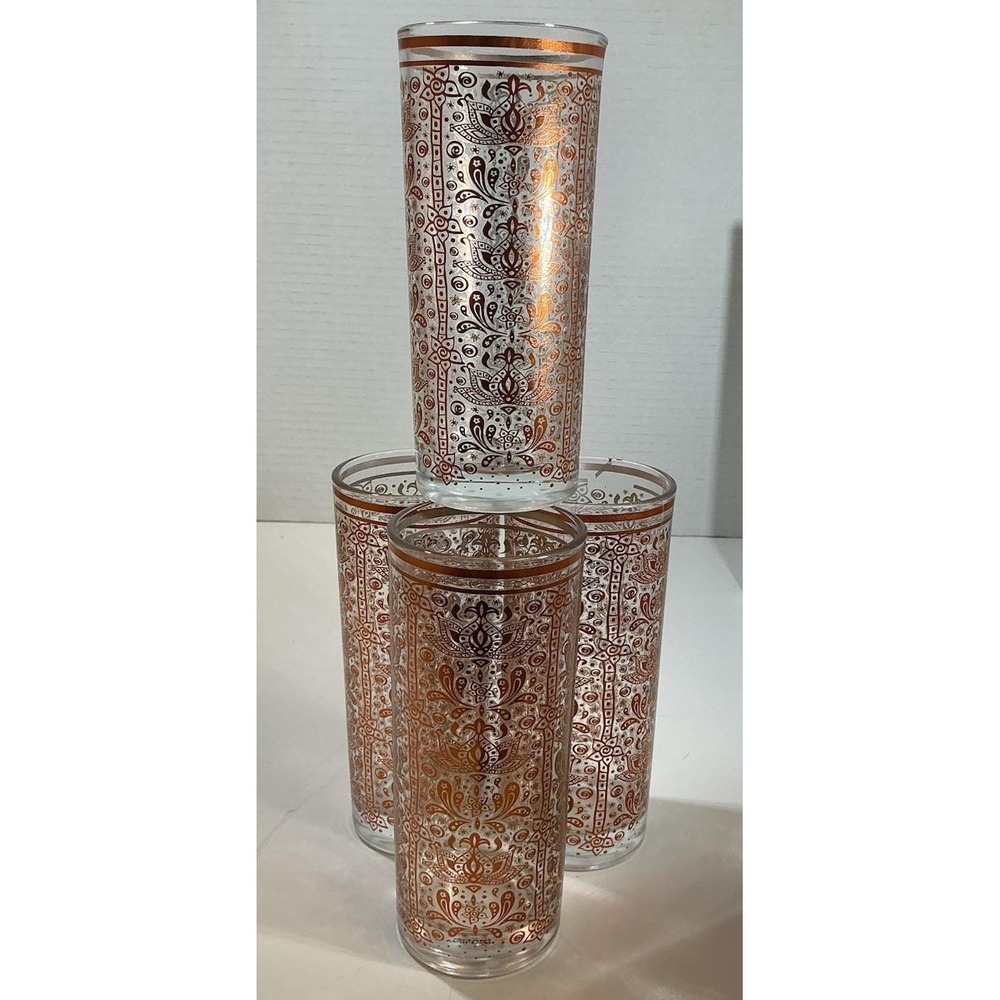 Vintage Moroccan Copper Filigree Highball Glasses Set of 4 Paisley Lotus Barware - Picture 3 of 11